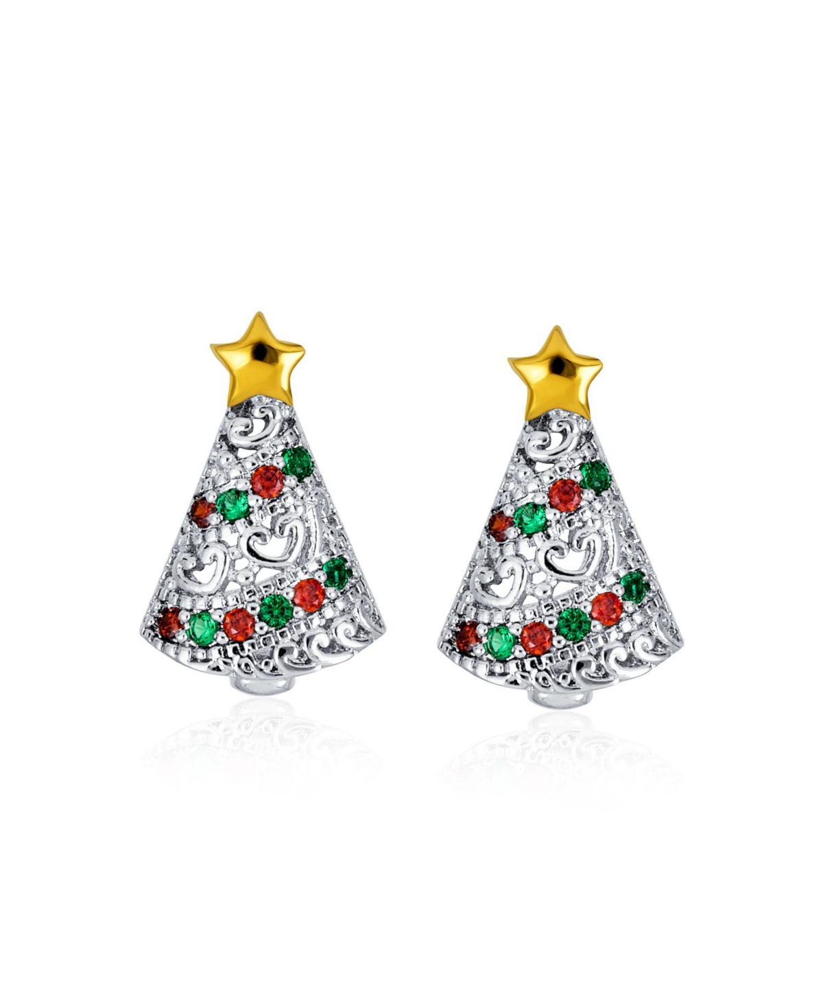Bling Jewelry Holiday Golden Star Winter Red Green Cubic Zirconia Cz Sparkly Christmas Tree Stud Earrings For Women - Multi-color