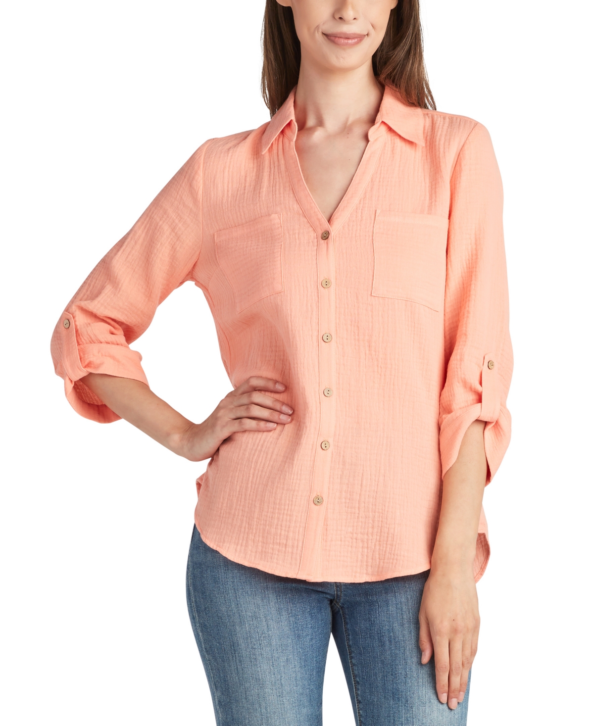 Bcx Juniors' Cotton Two-pocket Roll-tab-sleeve Shirt In Peach