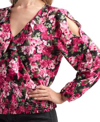 Juniors' Smocked Surplice Long-Sleeve Floral Top