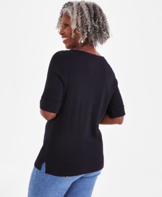 Women's Boat-Neck Elbow Sleeve Cotton Top, Exclusively at Macy's