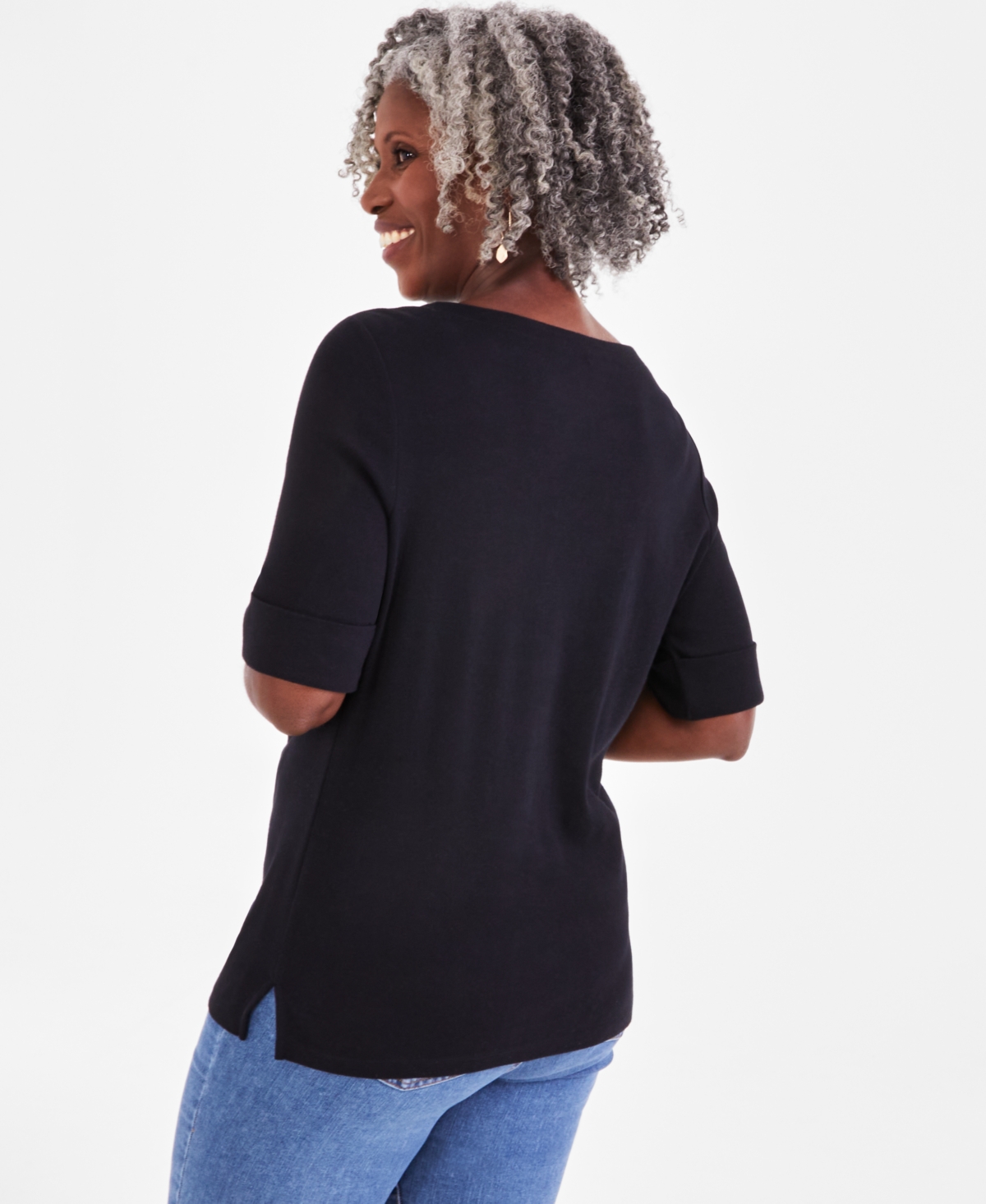 STYLE & CO PLUS SIZE BOAT-NECK ELBOW SLEEVE COTTON TOP, EXCLUSIVELY AT MACY'S 
