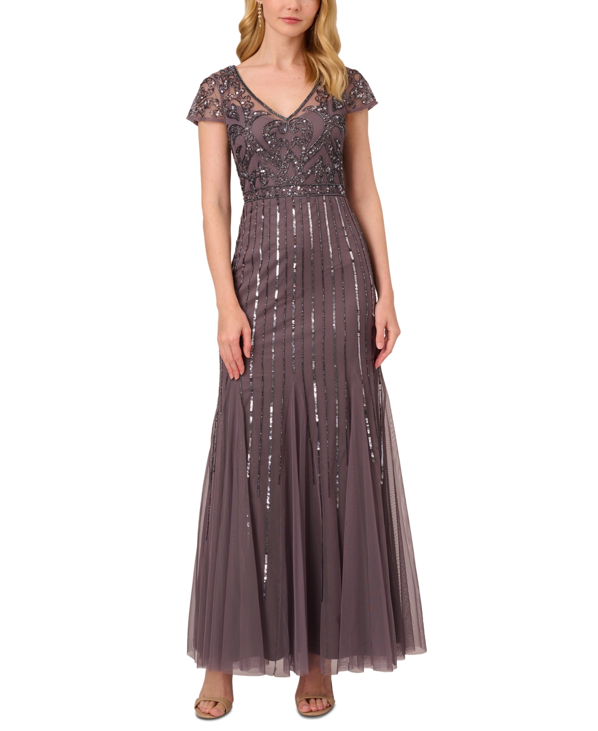 Shop Adrianna Papell Women's Embellished V-neck Godet Gown In Moonscape