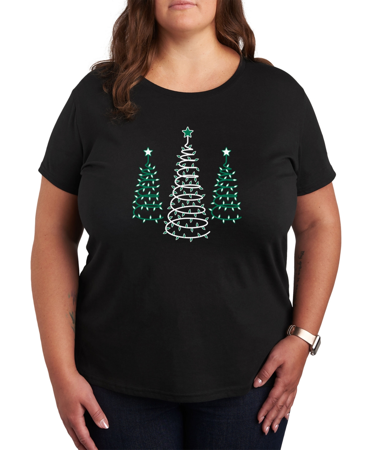 Air Waves Trendy Plus Size Christmas Trees Graphic T-shirt In Black