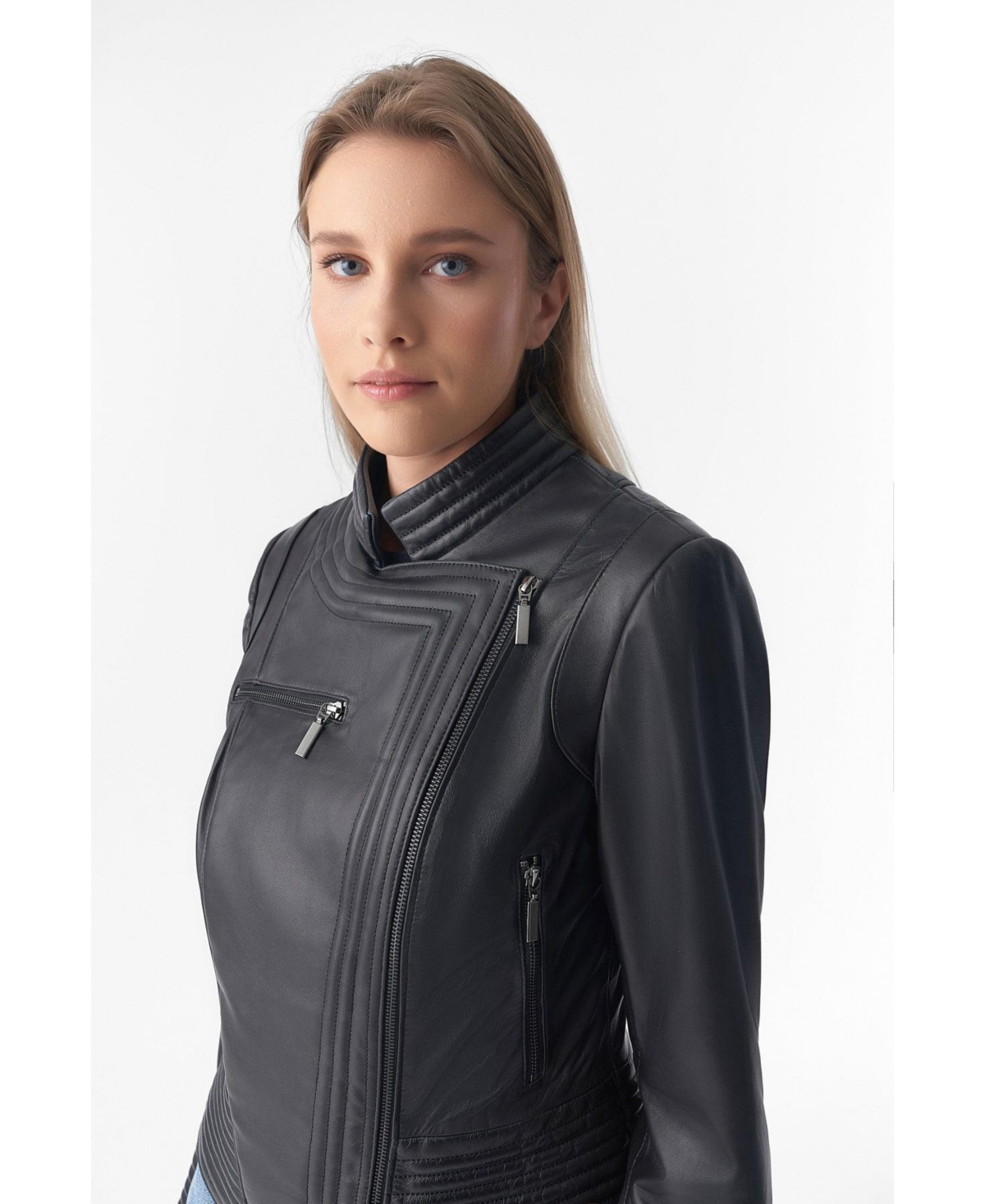 Furniq Uk Women's Genuine Leather Riser Biker Jacket,- Black