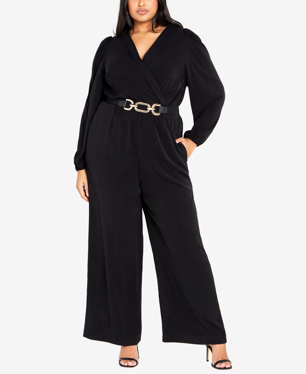 City Chic Trendy Plus Size Avah Faux Wrap V-neck Jumpsuit In Black