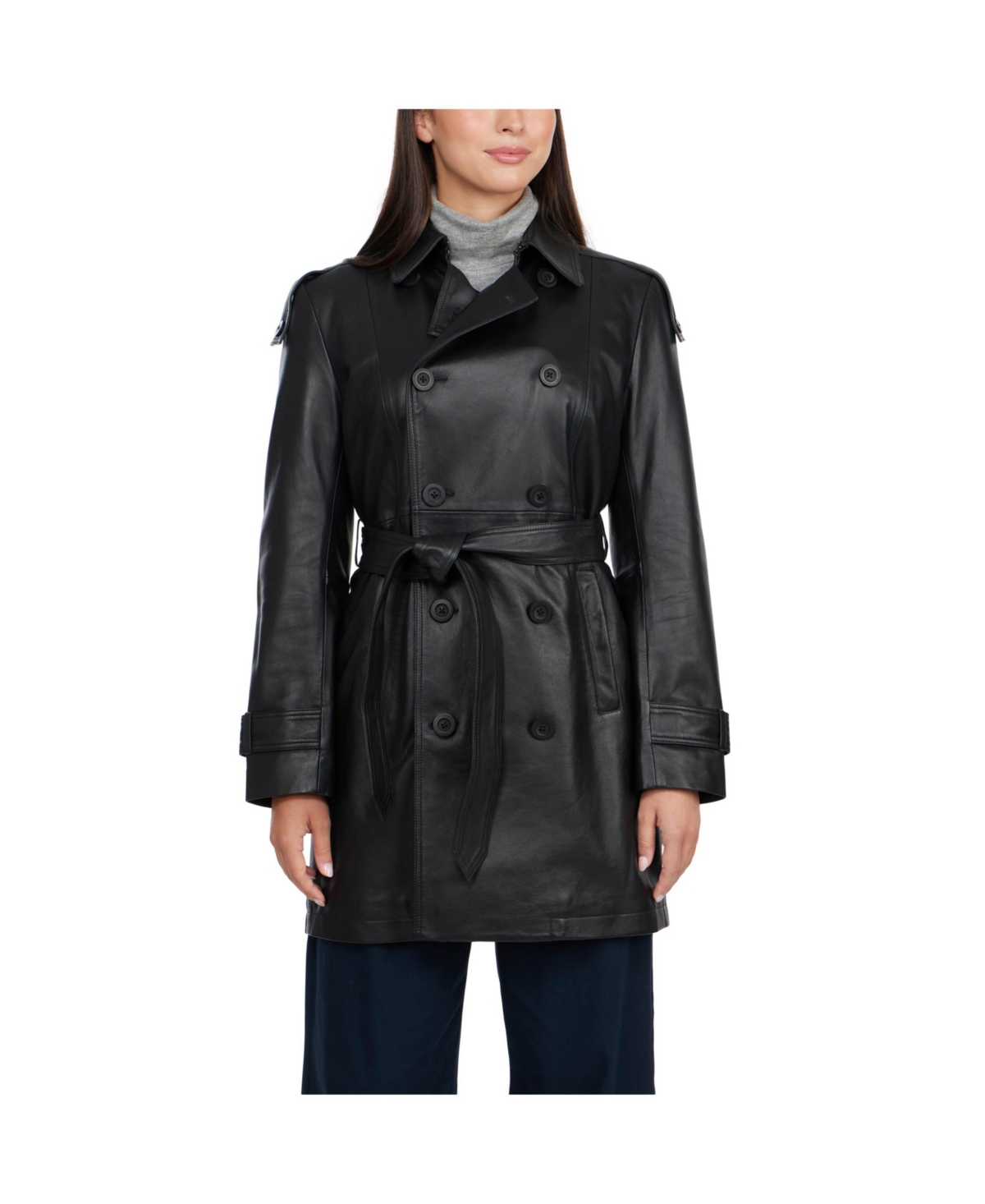 Badgley Mischka Women s Triss Genuine Leather Double Breasted Trench coat Black Smart Closet