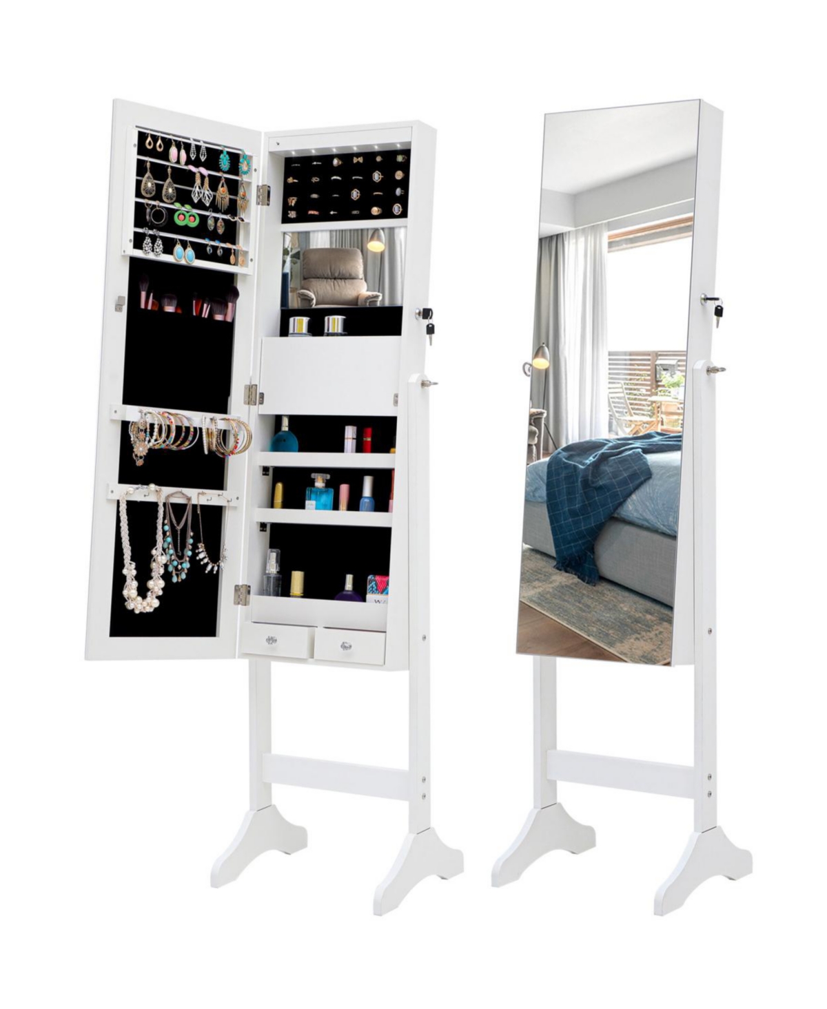 Fashion Simple Jewelry Storage Mirror Cabinet With Led Lights, For Living Room Or Bedroom - White