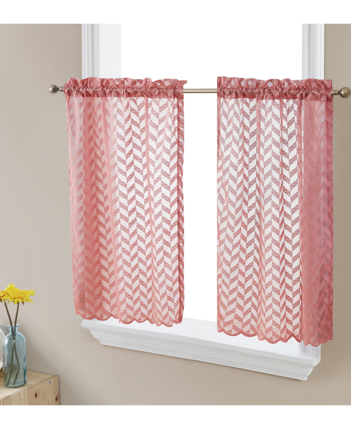 Herringbone Lace Sheer Kitchen Cafe Curtain Tiers for Small Windows & Bathroom - Blush pink