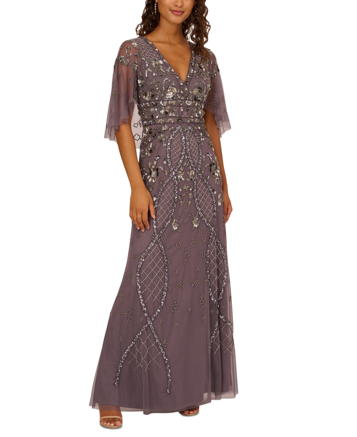 Adrianna Papell Women's Embellished Cape-sleeve Gown In Moonscape