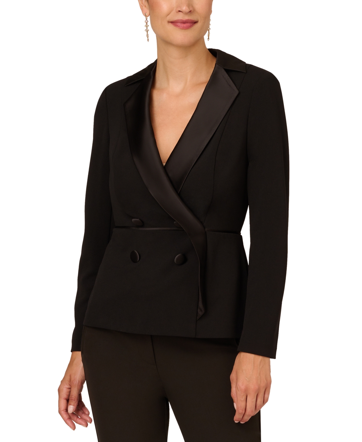 Adrianna Papell Women's Charmeuse-trim Crepe Tuxedo Top In Black