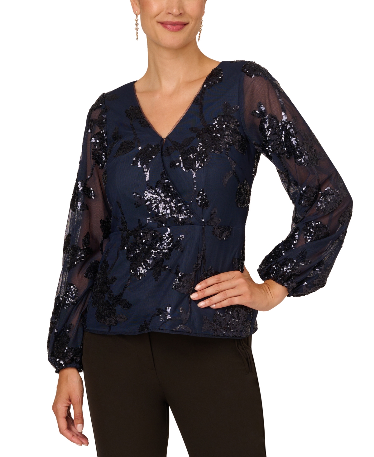 Adrianna Papell Women's Floral Sequined V-neck Top In Midnight