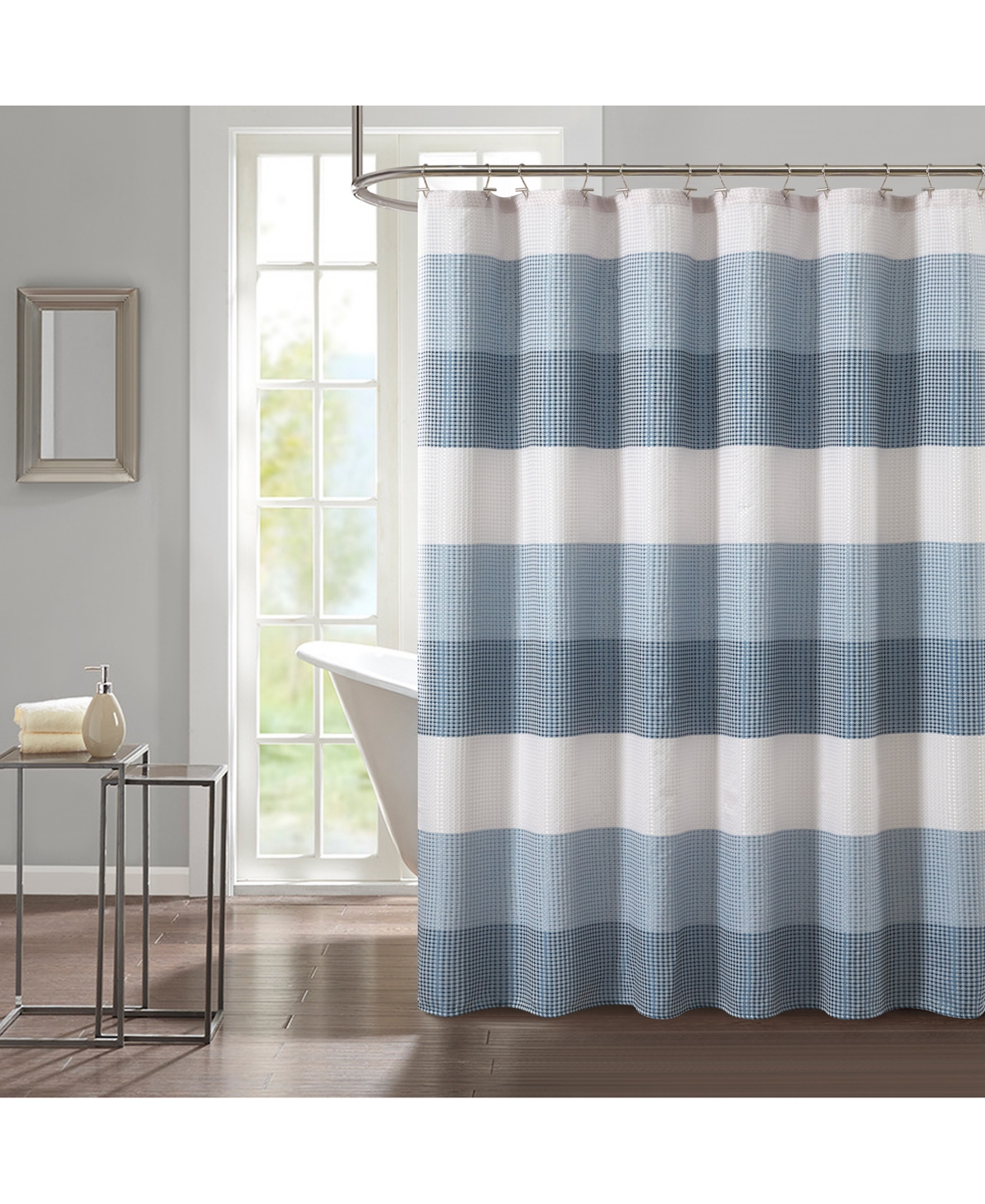 Blue Waffle Color Block Texture 14 Pc Shower Curtain Set - Blue