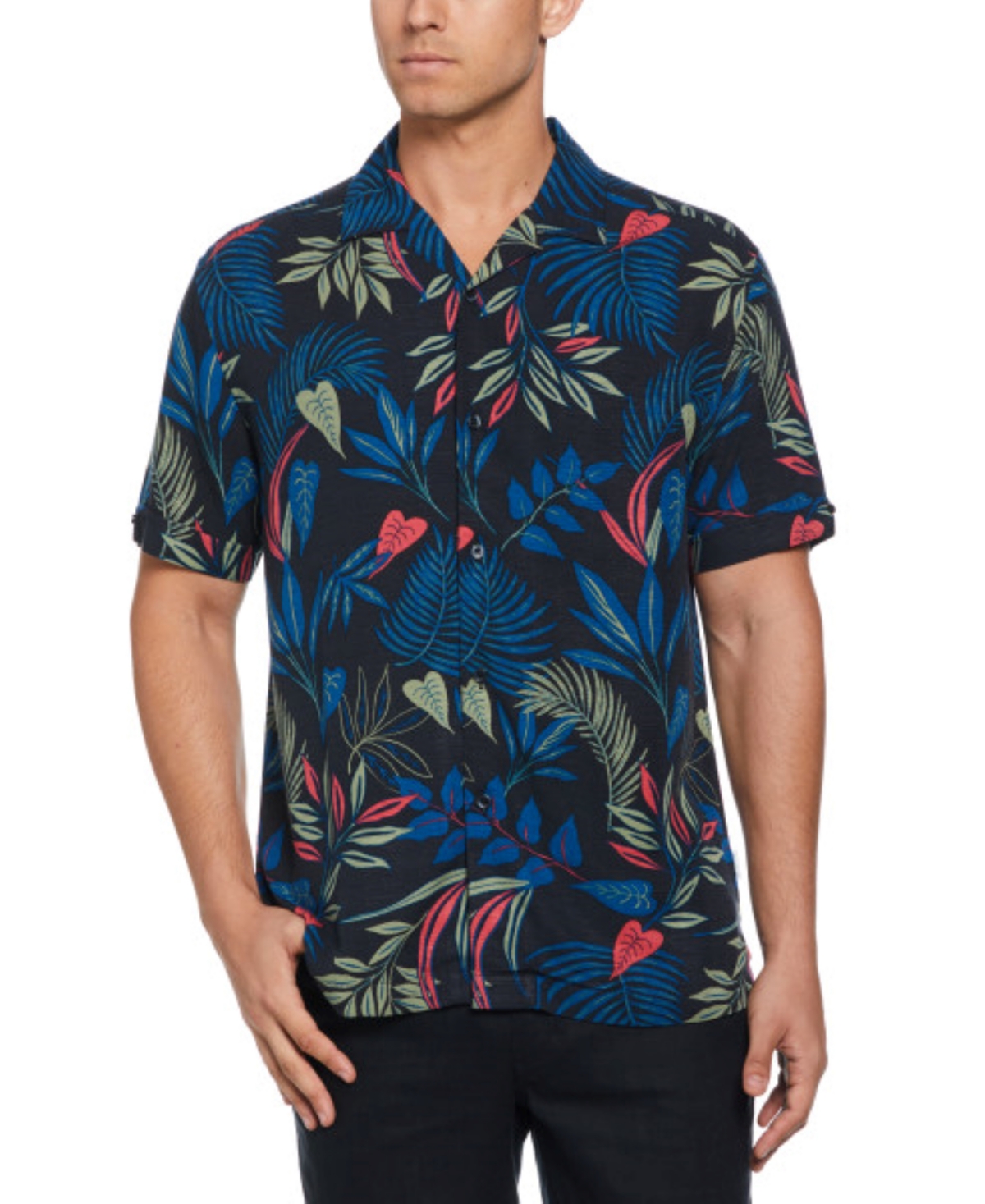 Men's Short Sleeve Floral Button-Front Camp Shirt - Moonless Night