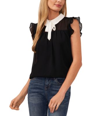 CeCe - Women's Contrast Collar Ruffled Sleeveless Top