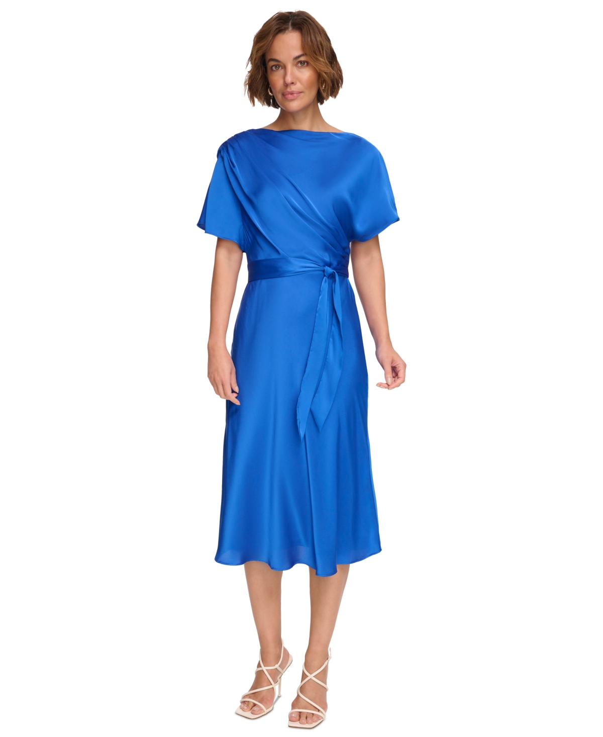 Dkny Women's Cowlneck Dolman-sleeve Belted Midi Dress In Sapphire