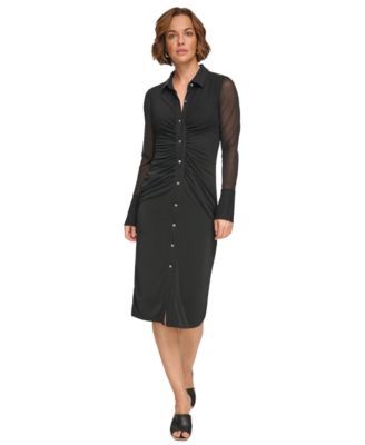 DKNY Women's Collared Mesh-Sleeve Button-Up Shirtdress - Macy's