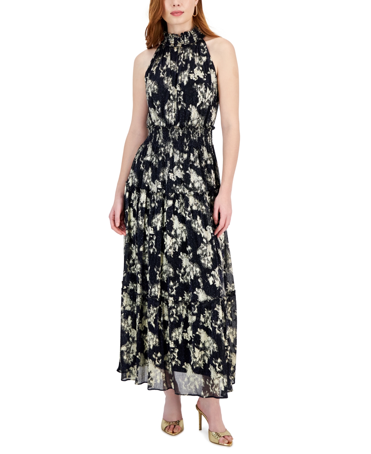 Women's Crinkled Metallic Smocked A-Line Dress - Blacknavyg