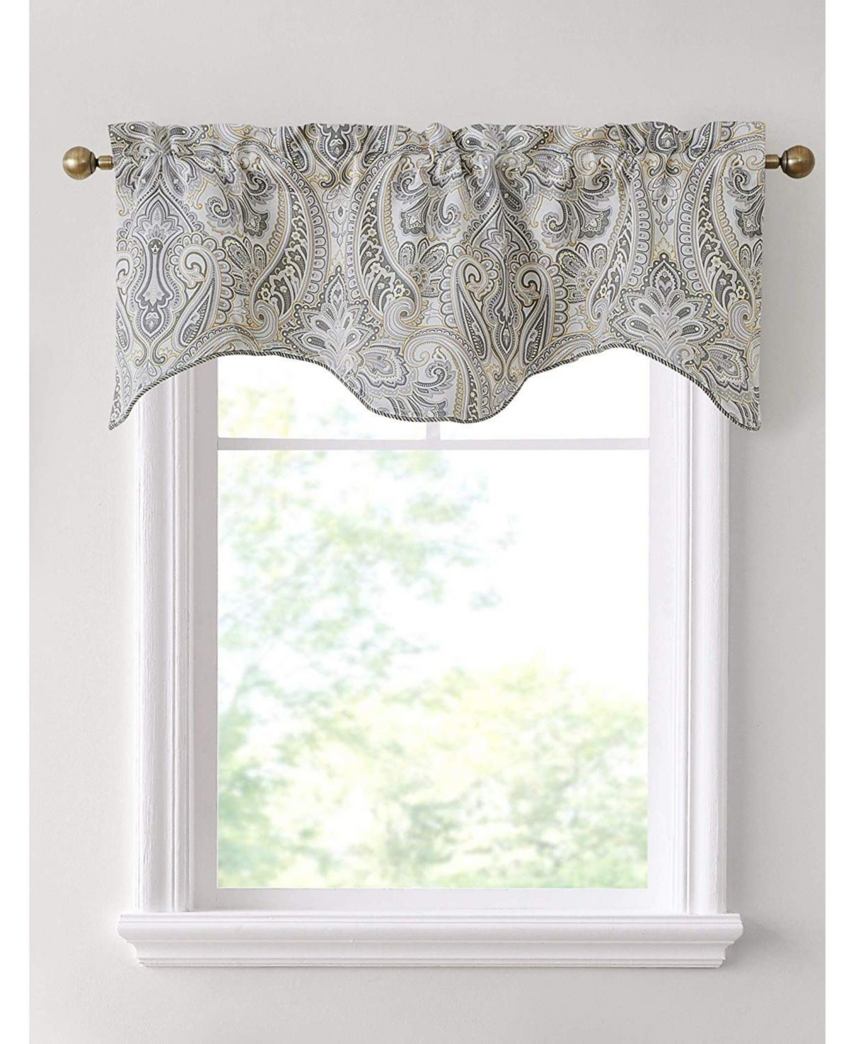 Paris Paisley Thermal Insulated Decorative Rod Pocket Short Scalloped Curtain Valance for Kitchen, Bathroom, Basement and Small Windows - Grey/