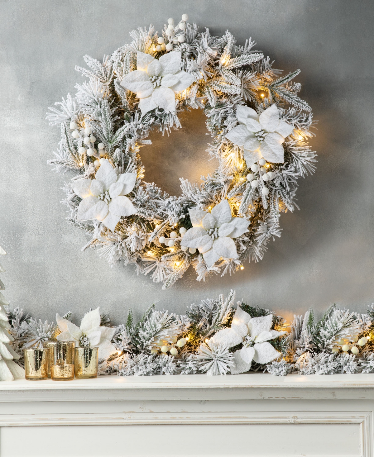 Glitzhome D Pre-Lit Snow Flocked Greenery Pine Poinsettia Christmas Wreath, Set of 3