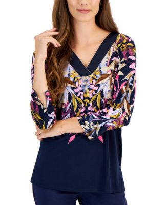JM Collection Women's 3/4 Sleeve Printed Satin-Trim Top, Created for ...