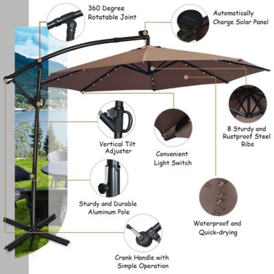 360° Rotation Solar Powered LED Patio Offset Umbrella without Weight Base