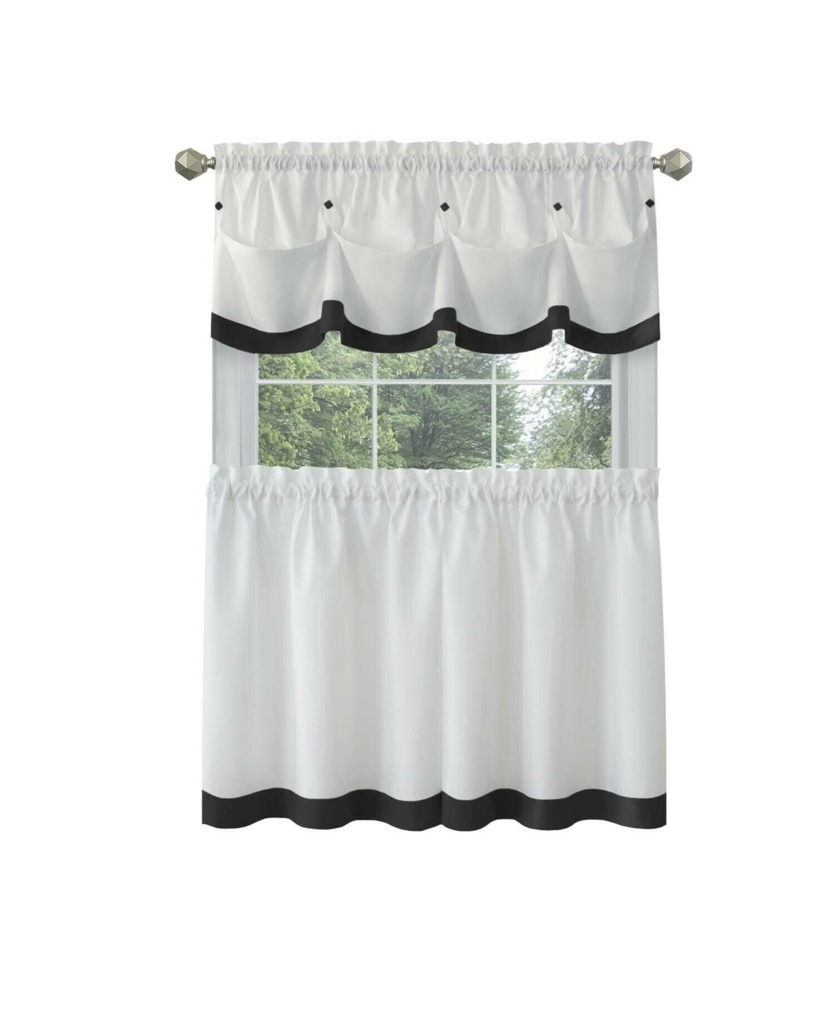 Country Living Farmhouse 3 Pc Solid Cafe Kitchen Curtain Tier & Tucked Valance Set - Black