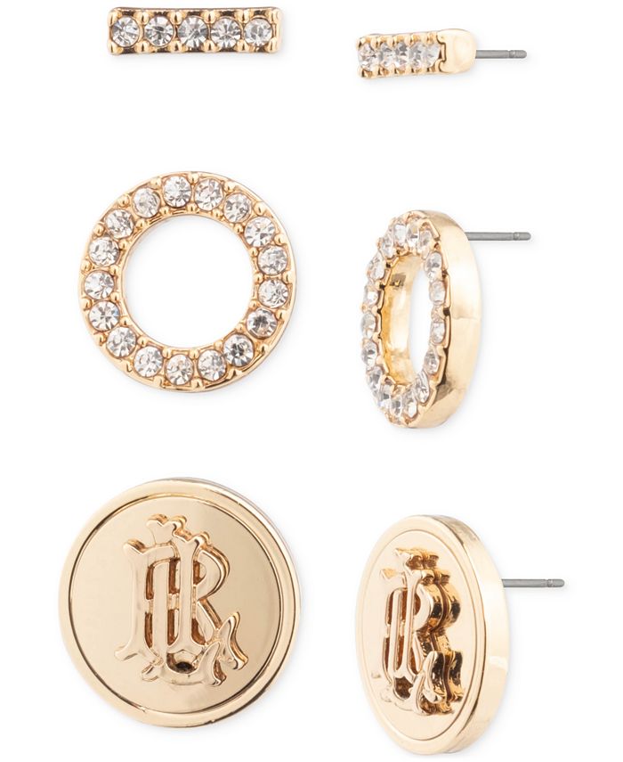 Lauren Ralph Lauren Gold Tone 3 Pc. Set Pav Logo Stud Earrings