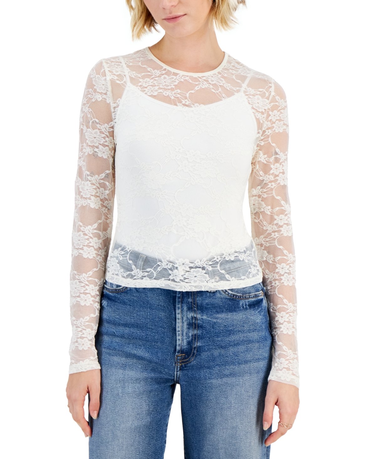 Just Polly Juniors' Long-sleeve Knit Lace Top In Ivory