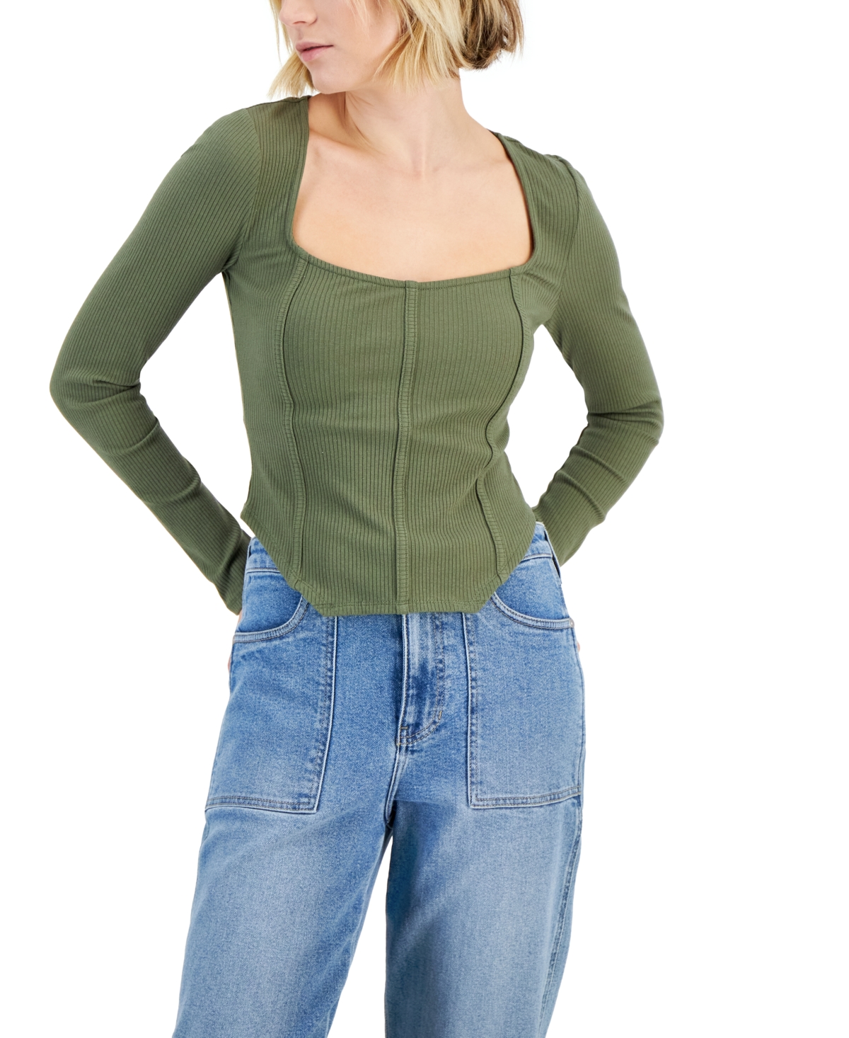 Just Polly Juniors' Ribbed Corset Top In Olive