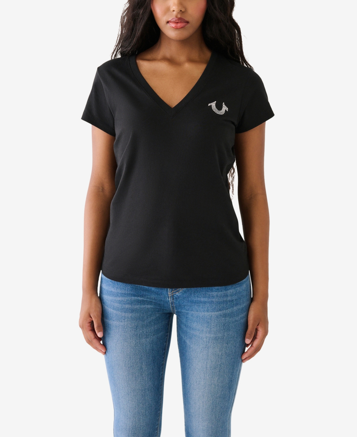 True Religion Women's Short Sleeve Studded V-neck T-shirt In Jet Black