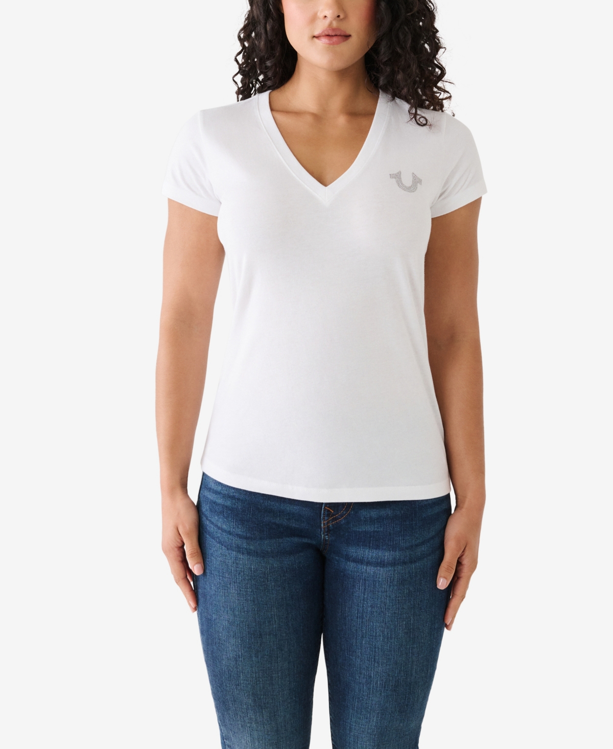 Shop True Religion Women's Short Sleeve Studded V-neck T-shirt In Optic White