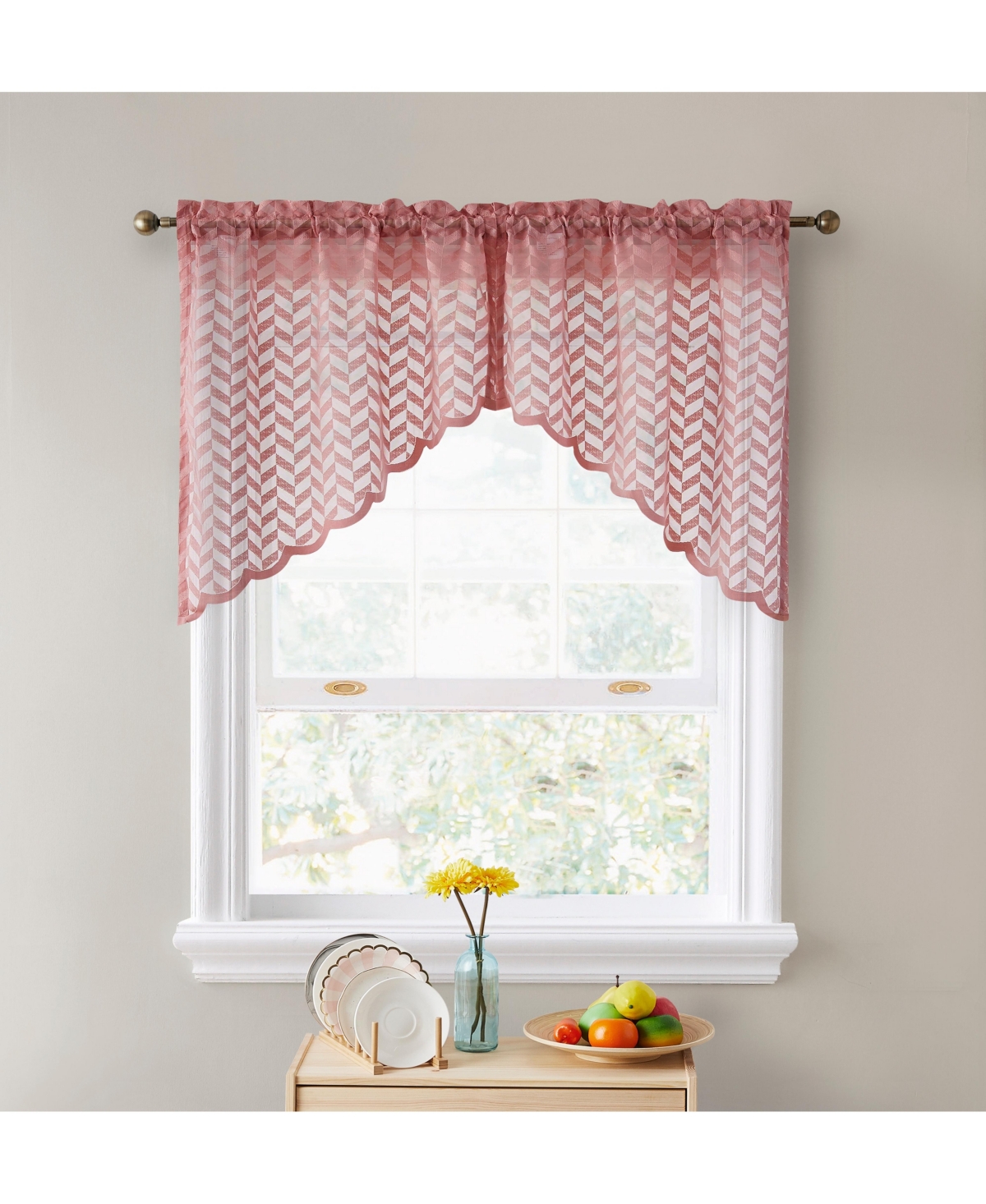 Herringbone Semi Sheer Voile Kitchen Cafe Curtain Panels - Rod Pocket -Swags for Small Windows & Bathroom - Blush pink