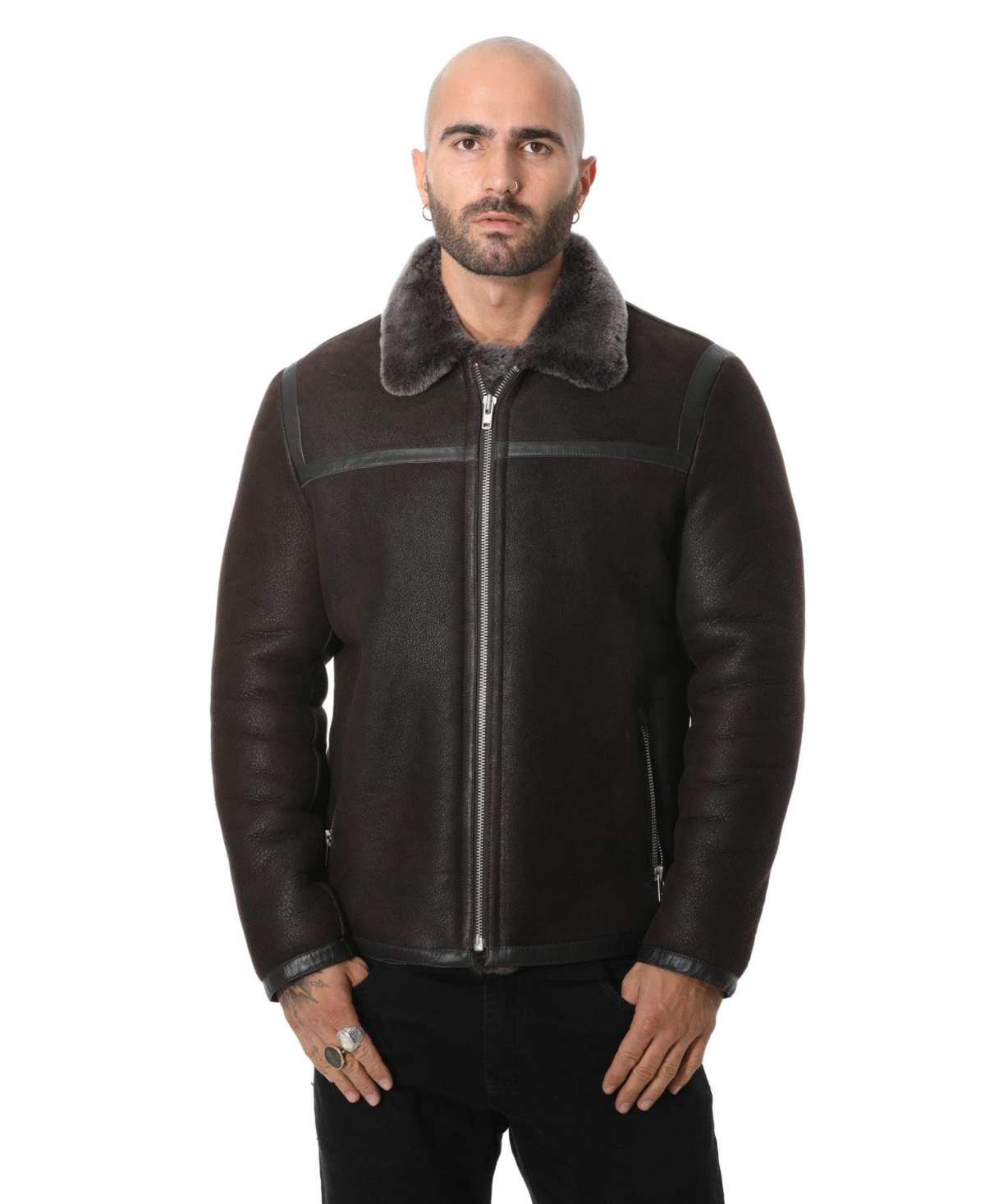 Men's Leather Banded Sheepskin Casual Jacket, Washed Brown with Brissa Wool - Brown