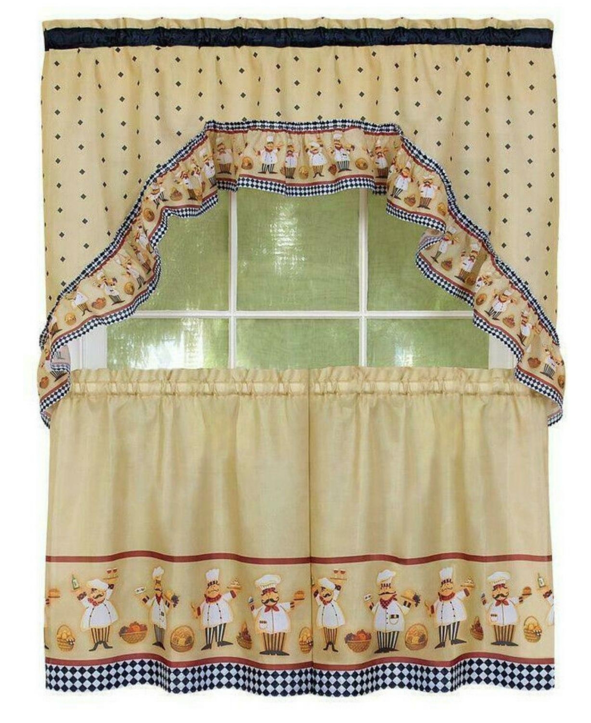 Fat Chef Cucina Rod Pocket Cafe Kitchen Curtain Tier and Swag Valance Set - Beige