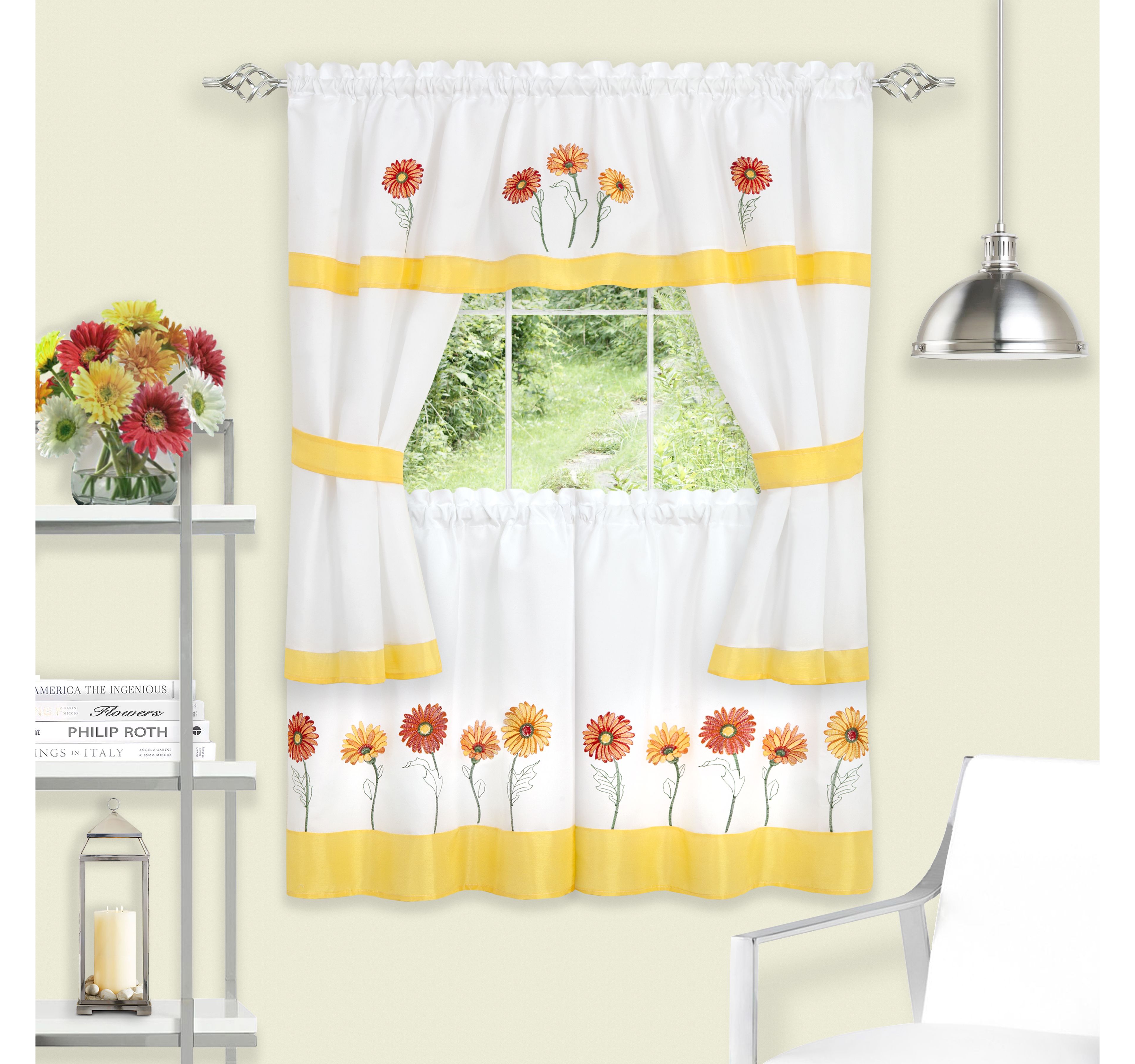 Kate Aurora Montauk Accents Embroidered Sunflowers & Daisies Complete 5 Piece Cottage Kitchen Curtain Tier & Valance Set - 36 in. Long