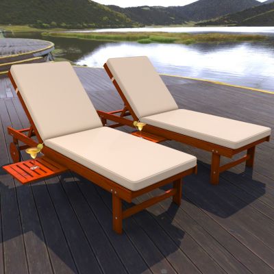Seabrook 69 x 24 Inch Outdoor Acacia Wood Lounger with Cushion, 5-Position Back, Slide Table & Wheels, Dark Brown