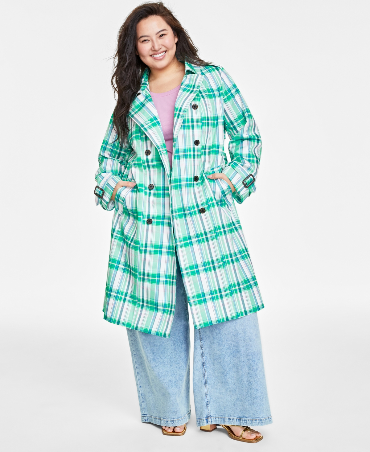 Shop On 34th Plus Size Plaid Double-breasted Trench Coat, Created For Macy's In Green White Combo