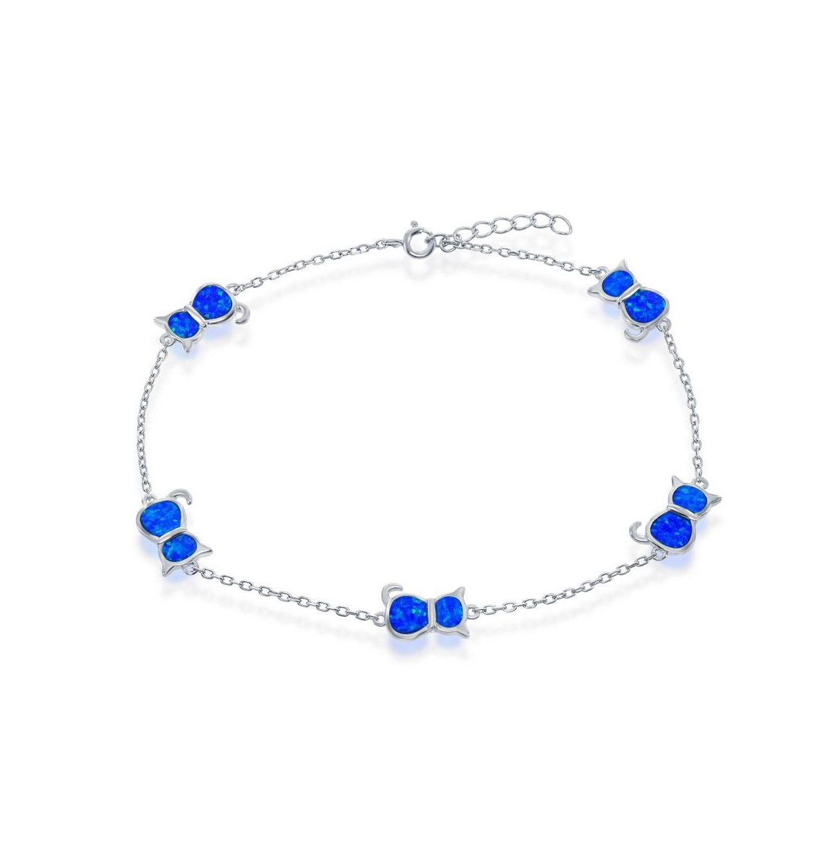 Sterling Silver Opal Cat Anklet - Blue Inlay - Blue