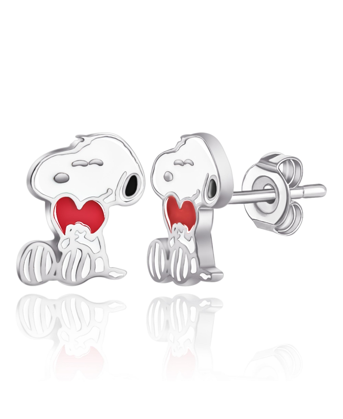 Silver Plated and Enamel Snoopy with Heart Stud Earrings - Silver, white, red
