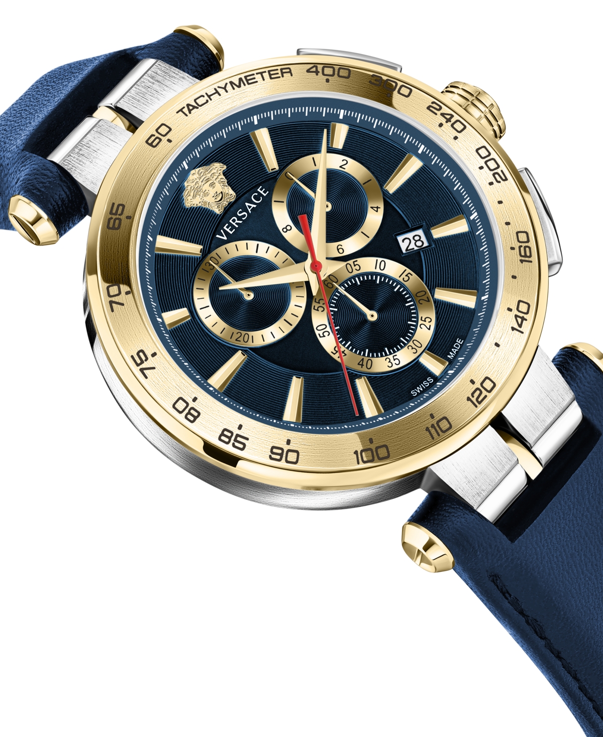 Shop Versace Men's Swiss Chronograph Aion Blue Leather Strap Watch 45mm In Two Tone