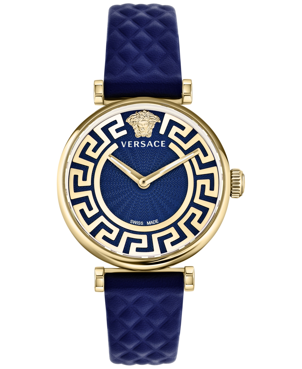 Versace Women's Swiss Greca Chic Blue Leather Strap Watch 35mm In Ip Yellow Gold
