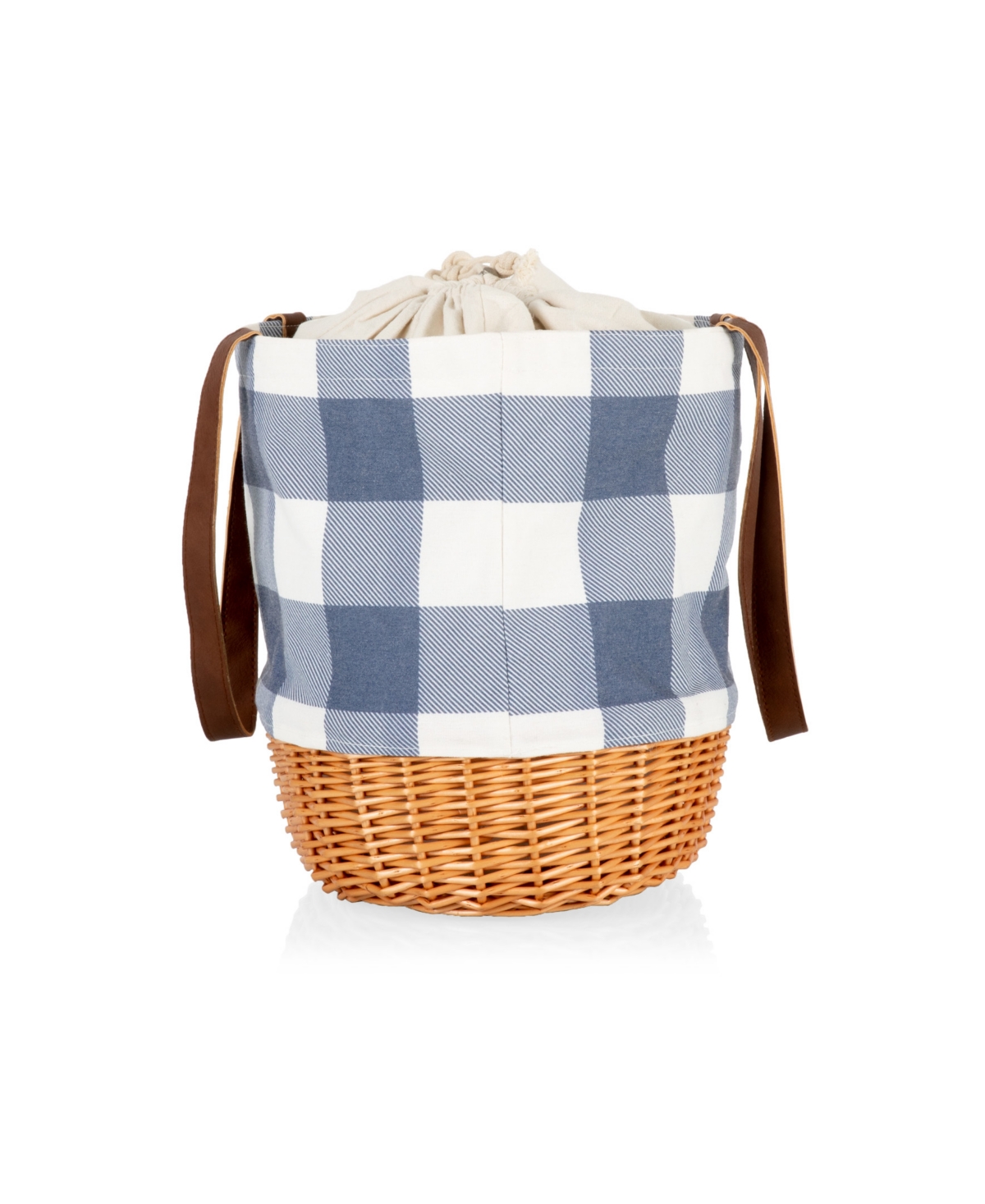 Picnic Time Coronado Canvas and Willow Basket Tote Bag - Blue and White with Beige Accents