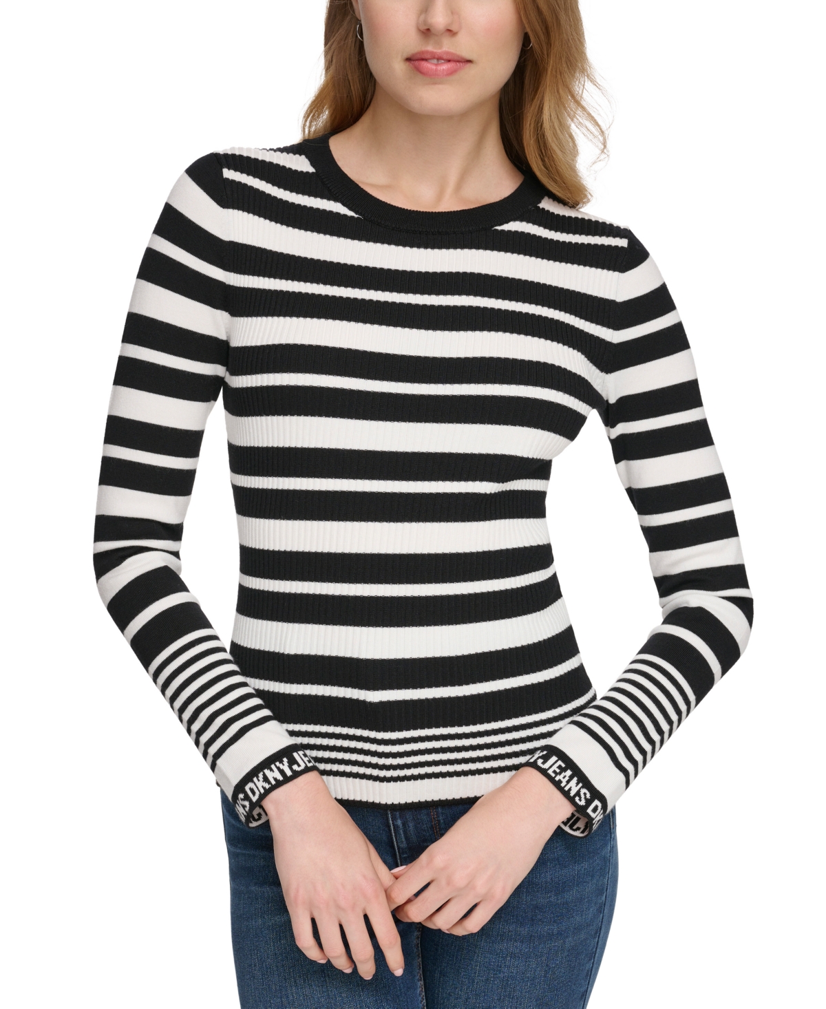 Dkny Jeans Women's Striped Logo-cuff Crewneck Sweater In Black,ivory