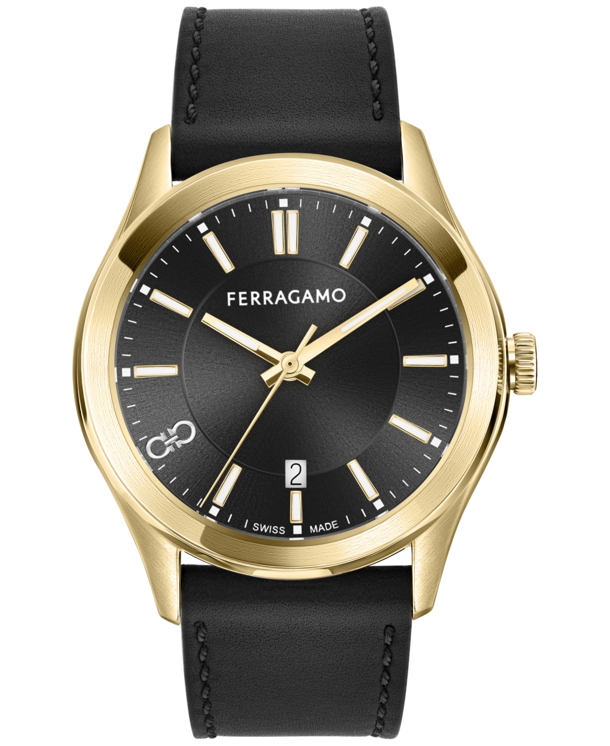 Ferragamo Salvatore  Men's Swiss Classic Black Leather Strap Watch 42mm In Ip Yellow Gold