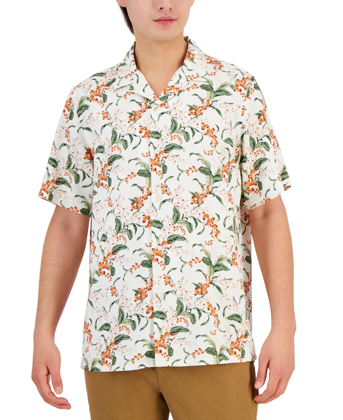 Men's Elevated Short-Sleeve Floral Print Button-Front Camp Shirt, Created for Macy's - Bright White