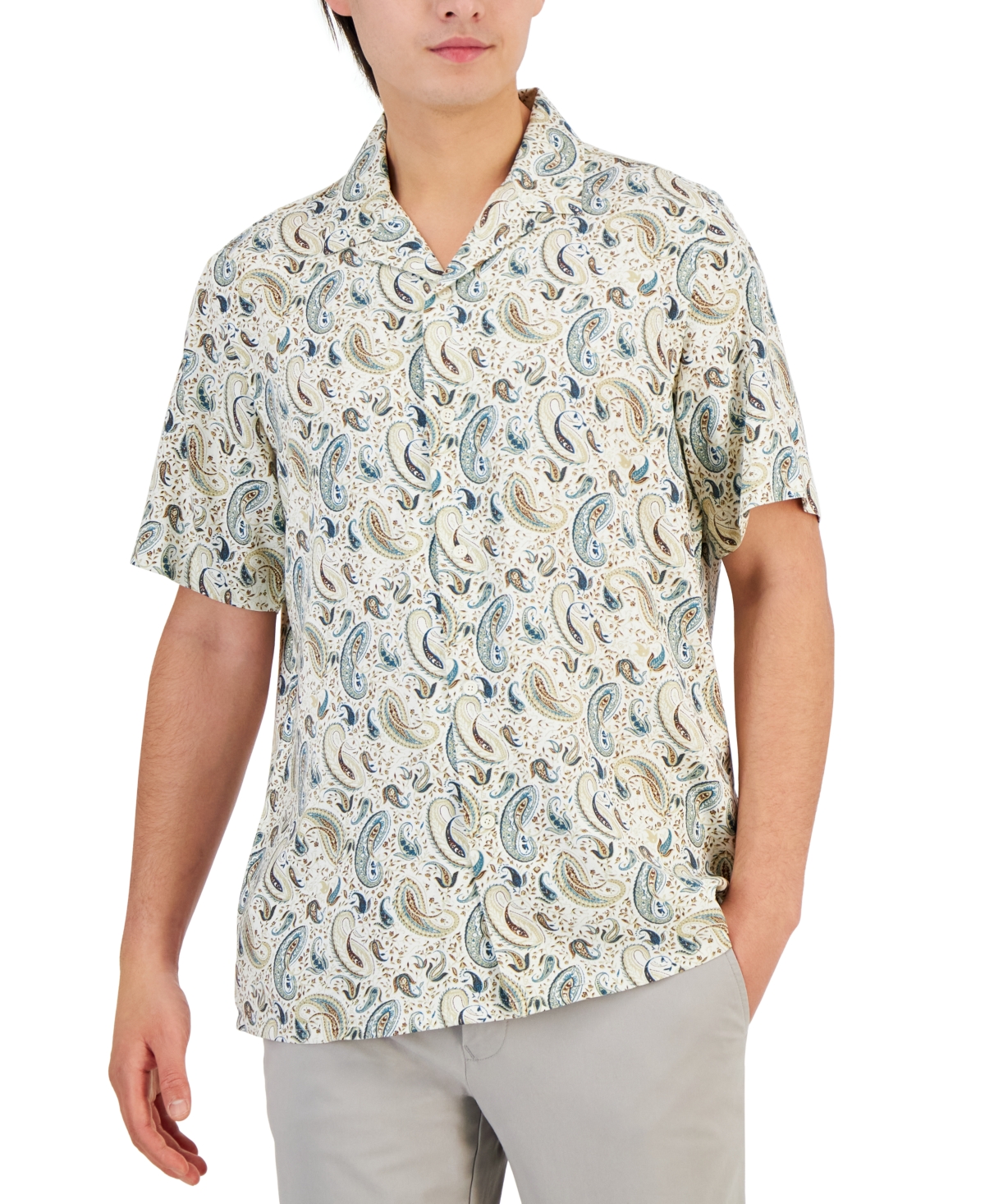 Men's Tonno Short-Sleeve Paisley Button-Front Camp Shirt, Created for Macy's - Bright White