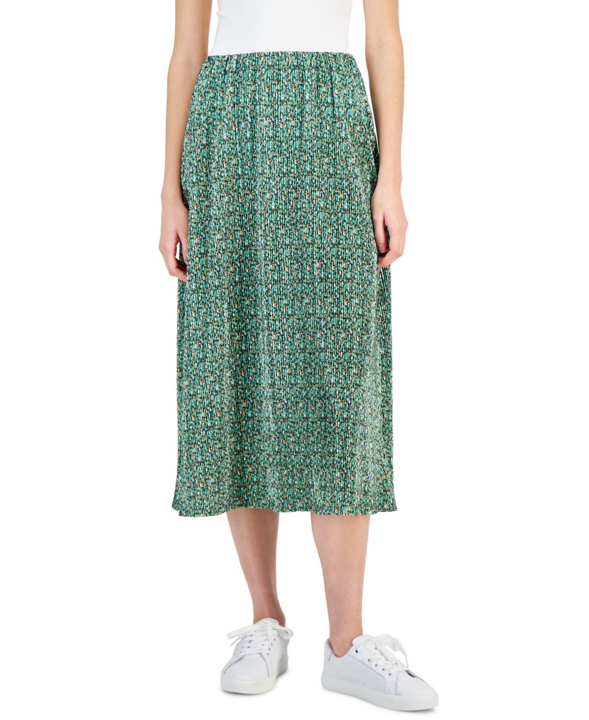 Women's Pleated Elasticized-Waist Midi Skirt - Olive Floral