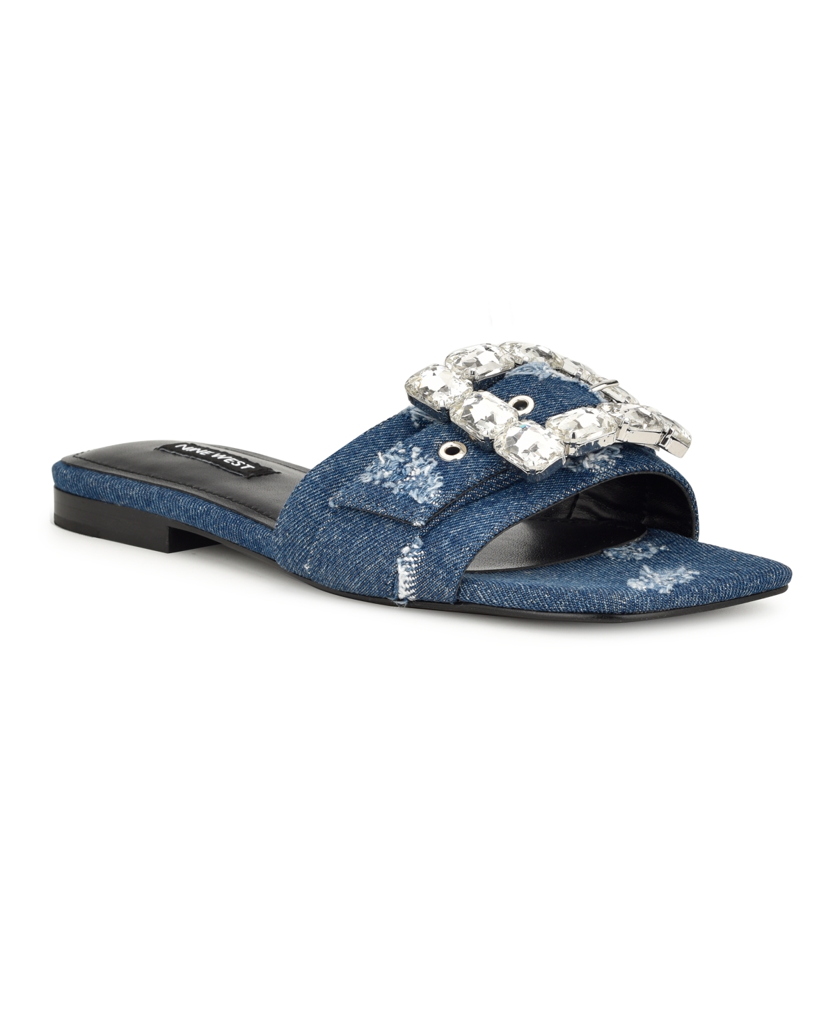 Nine West Women's Matter Slip-on Embellished Flat Sandals In Dark Blue Denim- Textile
