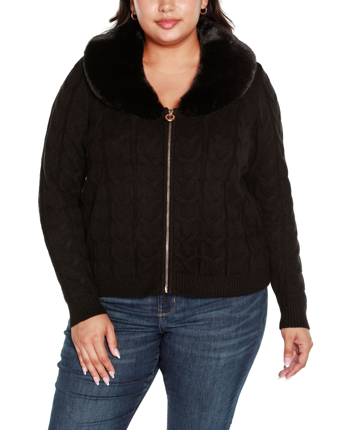 Belldini Black Label Plus Size Faux Fur Collared Cable Cardigan Sweater In Black/black