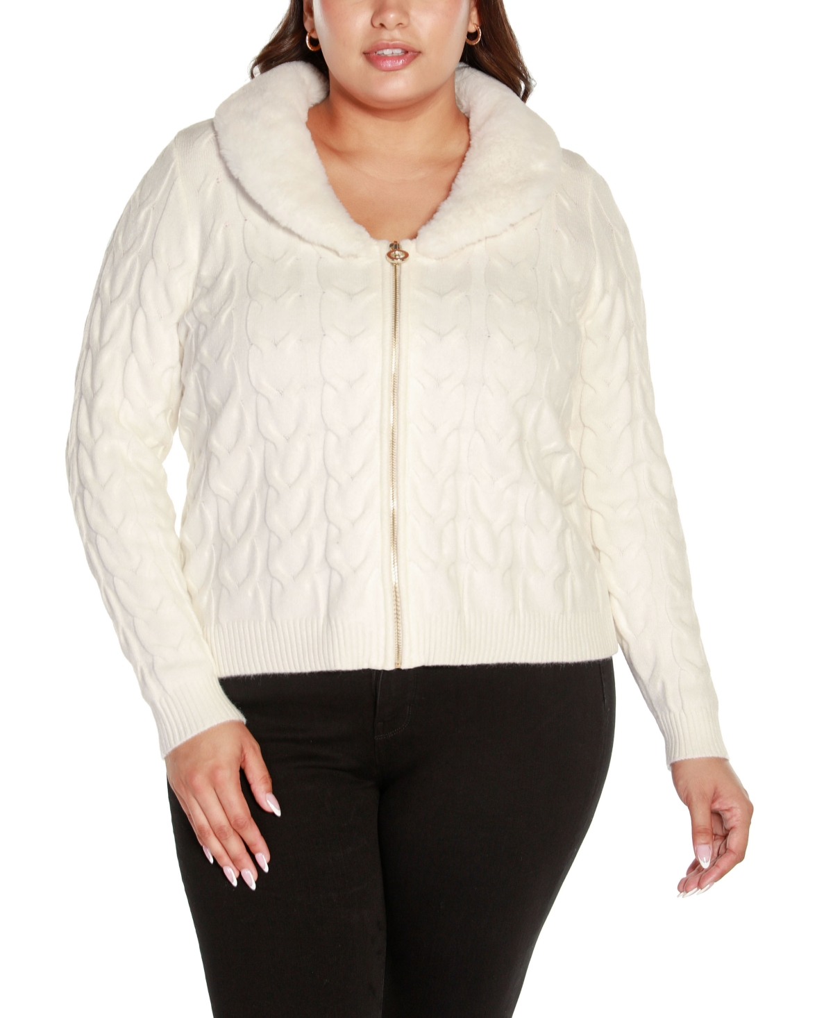 Belldini Black Label Plus Size Faux Fur Collared Cable Cardigan Sweater In Winter White